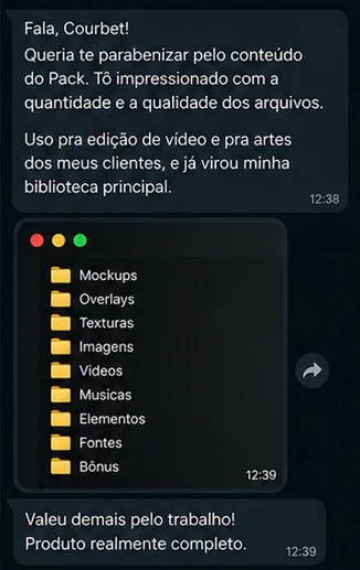 Mensagem de comprador sobre a quantidade, a qualidade e a organização dos arquivos do Pack do Courbet
