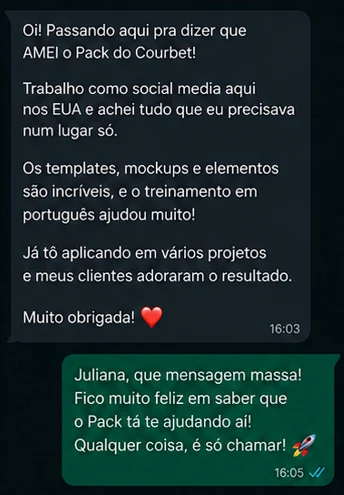 Mensagem de compradora que usa o Pack do Courbet em projetos de social media nos Estados Unidos