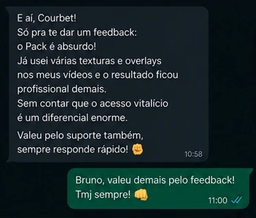 Mensagem de comprador sobre texturas, overlays, acesso vitalício e suporte do Pack do Courbet
