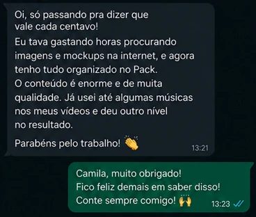 Mensagem de compradora sobre organização, qualidade e tempo economizado com o Pack do Courbet